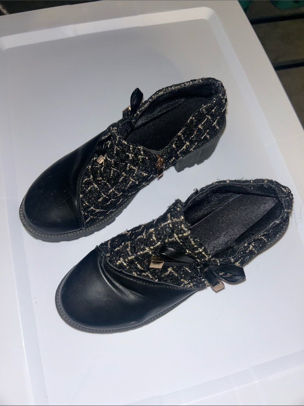 Women’s Black Tweed & Leather Slip-On Flats with BowDetail. D&G inspired.